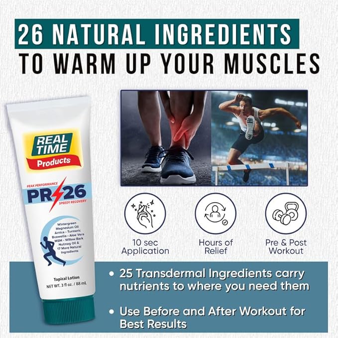 PR-26 by Real Time 3 fl oz Recovery Topical Lotion for Athletes - 26 Natural Ingredients Including Arnica, Magnesium Oil, Turmeric - Pre & Post Workout Muscle + Joint Rub for Athletic Lifestyle