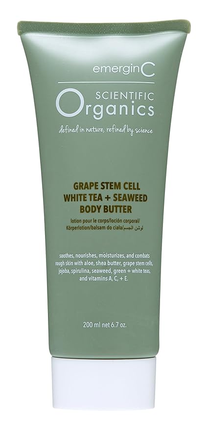 emergin C Scientific Organics Grape Stem Cell, White Tea + Seaweed Body Butter - Nourishing Plant Stem Cell Cream with Vitamins A, C, E for Dry Skin (6.7 oz, 200 ml)