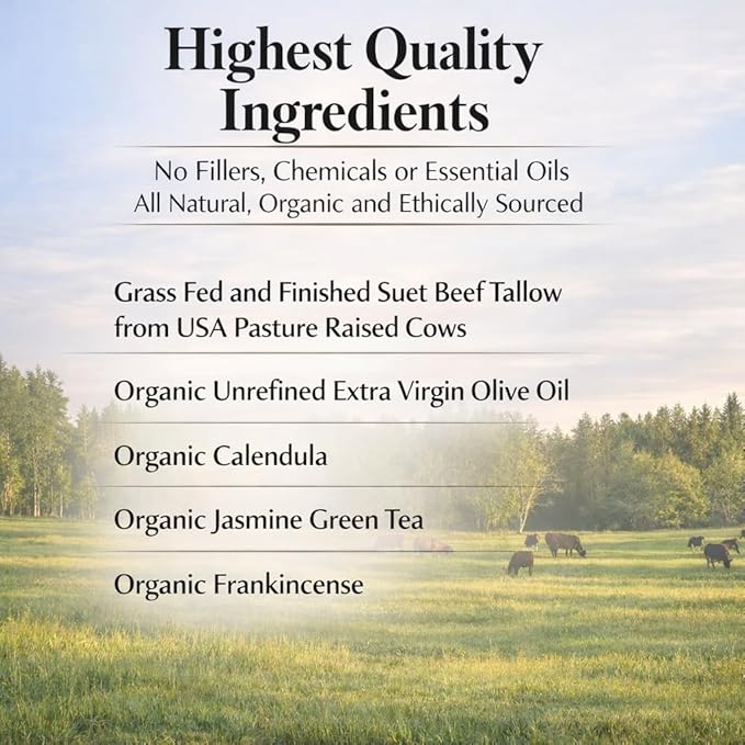 Whipped Tallow Balm & Body Butter (Unscented/Herb-Infused) Grass Fed Tallow Moisturizer for Face, Body & Baby – Organic Olive Oil Infused with Calendula & Frankincense – Handmade Skincare, 2 oz