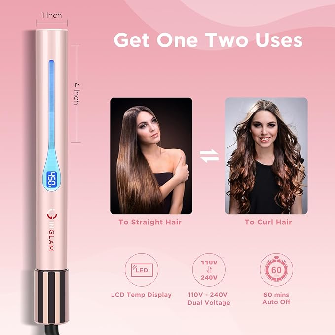 IG INGLAM Titanium Flat Iron Hair Straightener, Infrared Curling Iron 1 Inch, Negative Ionic Dual Voltage Straightener 11 Adjust Temp 250°F to 450°F, Shiny Hair 110-240V, Gift, Pink