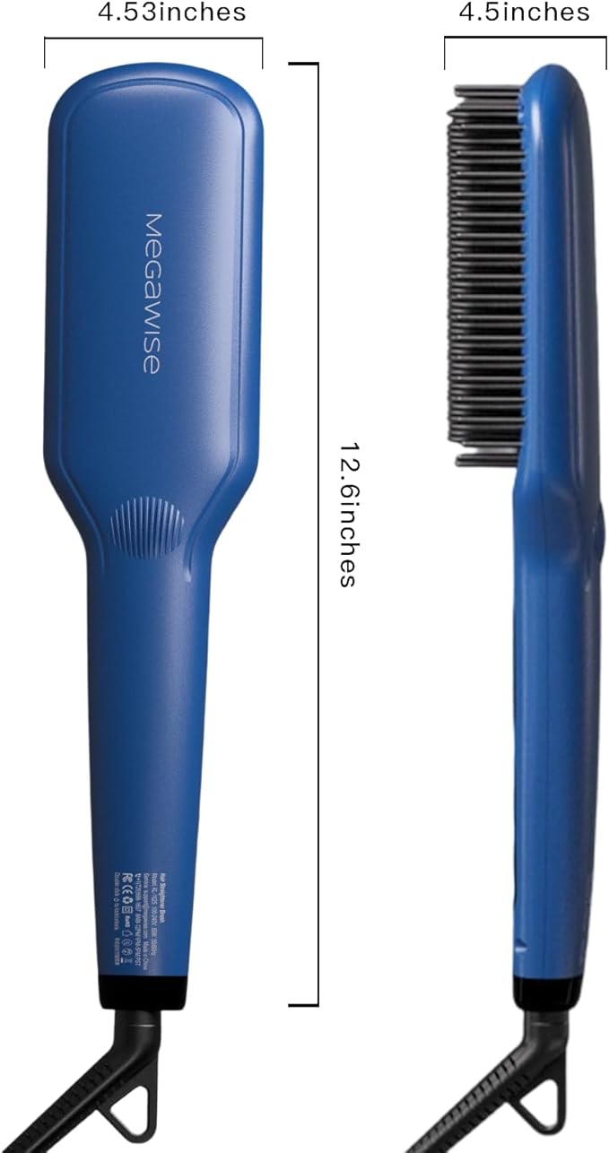 Updated 2025 MEGAWISE Hair Straightener Ceramic Brush; Anti-Scald Dual Voltage Flat Iron Hot Brush | Rotatable Cord |Auto Shutoff | Anti-frizz |for All Hair Types (Gentian Blue)