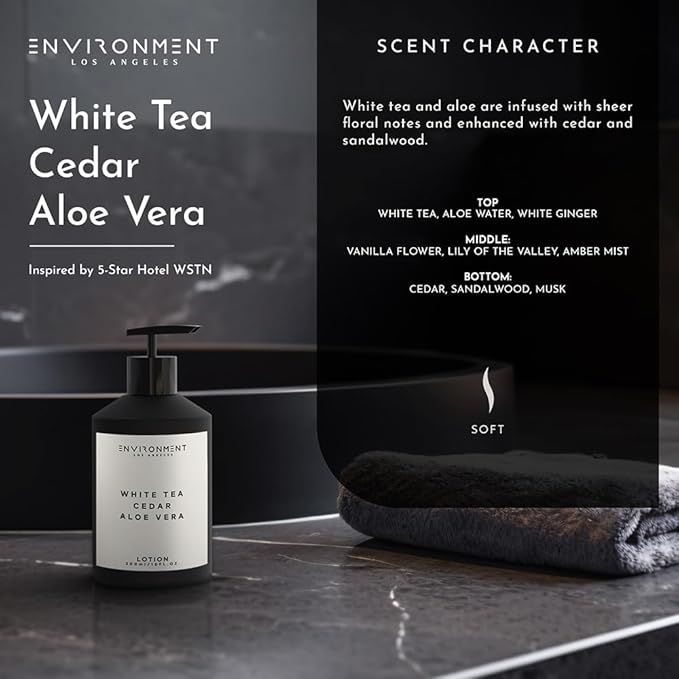 ENVIRONMENT Inspired by 5-Star Hotels WSTN, 300ml Luxury Scented Lotion (White Tea | Cedar | Aloe Vera) Bathroom Luxury, Men & Women High-End Body Lotion, Hand Cream, Dry Skin Treatment