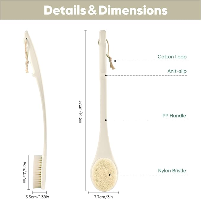 Back Scrubber for Shower, 17-Inch Shower Brush for Men and Women, Long Handle Exfoliating Body Brush, Medium Bristle Stiffness for Dry or Wet Brushing (Cream White)