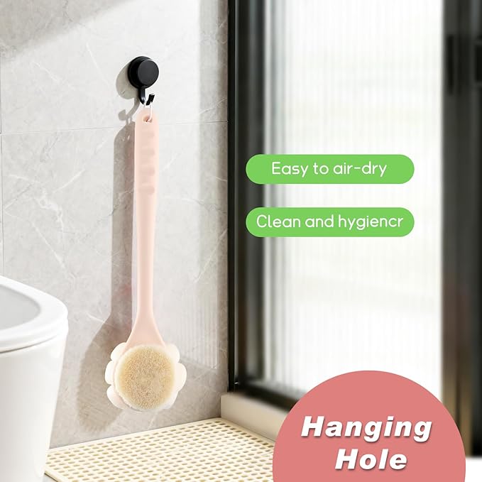 3-Pack Pink 15.4" Long Handle Dual Sided Bath Brushes with Soft Bristles and Beautiful Pumpkin Loofah for Gentle Deep Cleansing