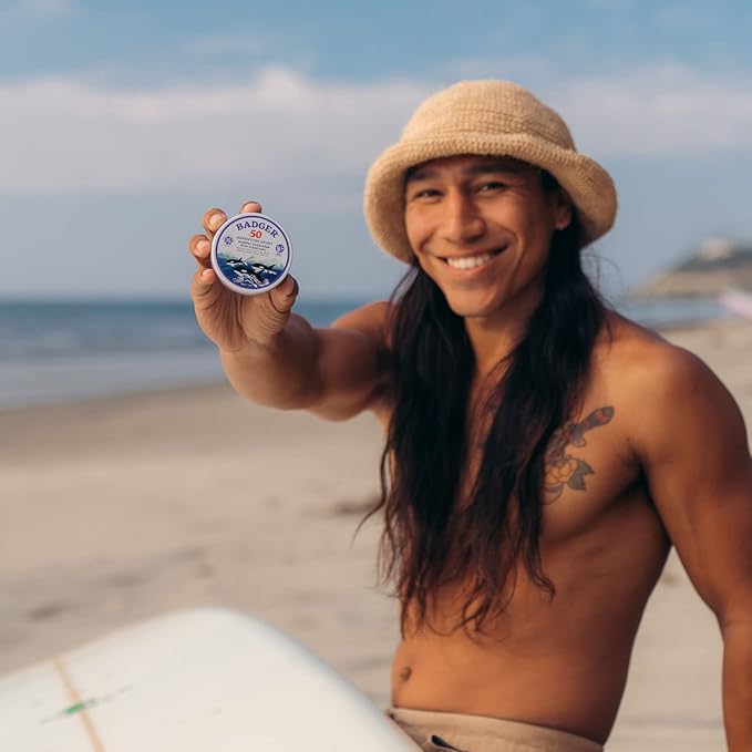 Badger Biodegradable Reef Safe Sunscreen, SPF 50 Mineral Sunscreen, 98% Organic Ingredients, Unscented, Water Resistant Adventure Sport Sun Cream, Travel Size 2.4 oz Tin