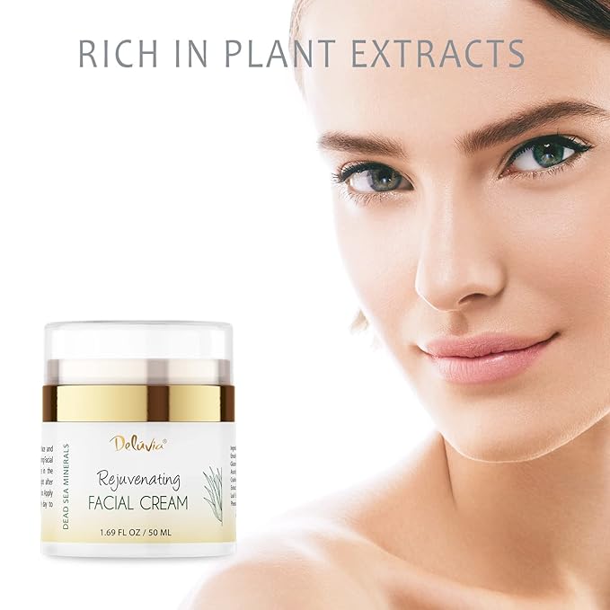 Deluvia Rejuvenating Facial Cream | Organic Aloe Vera, Coconut Oil, Vitamin C + E | Dead Sea Minerals | Daily Face Lotion for Dry Skin, Sensitive Skin