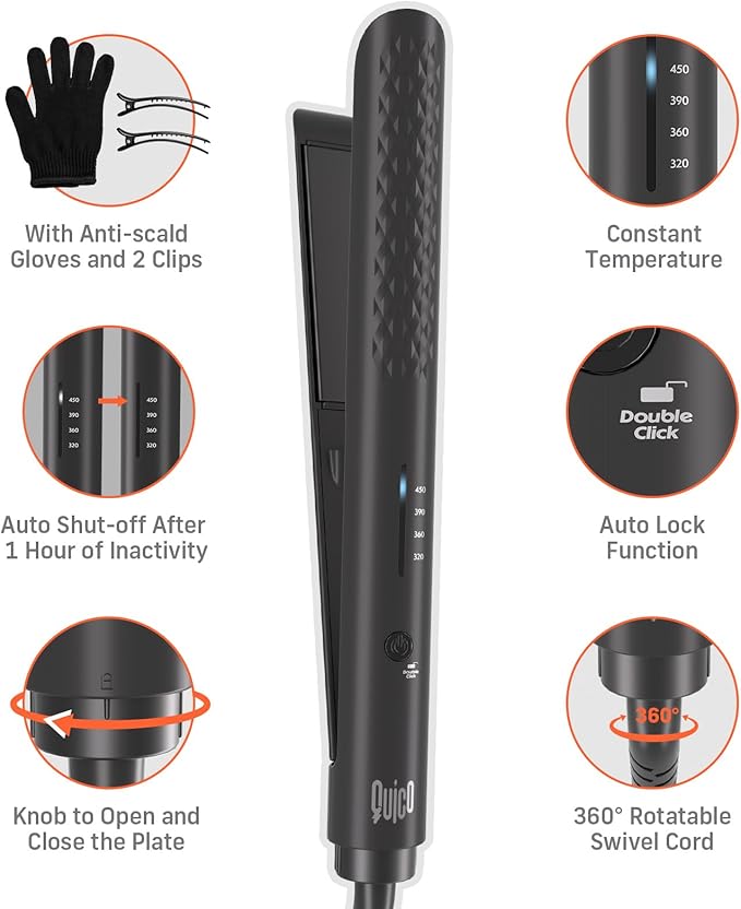 Quico Hair Straightener, 110-240V Global Travel Hair Straighteners for women, 15s Fast Heating, Professional Negative Ion Flat Iron, Temp Memory, 320℉-450℉, Auto-Off, with Glove and Clips, Gift, Black