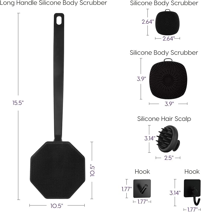 Silicone Body Scrubber Set ，Includes Back & Body Scrubbers, Face Brush, Scalp Massager, 4 Storage Hooks, Shower & Bathroom Hygiene Accessories for Gift(Black) (D)
