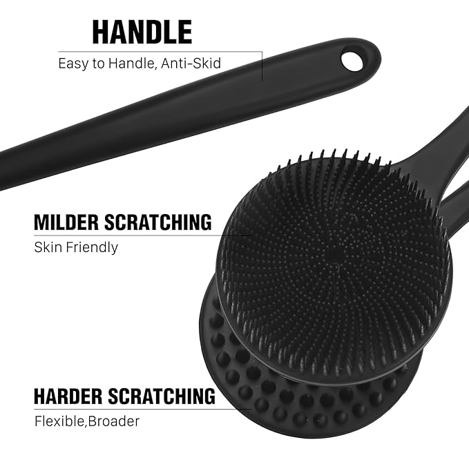 Silicone Body Scrubber for Shower Men Women – Dual-Sided Exfoliating & Massage Shower Brush with Long Handle, Creates Rich Lather, Includes 1 Hook & 2 Lather Balls (Black).