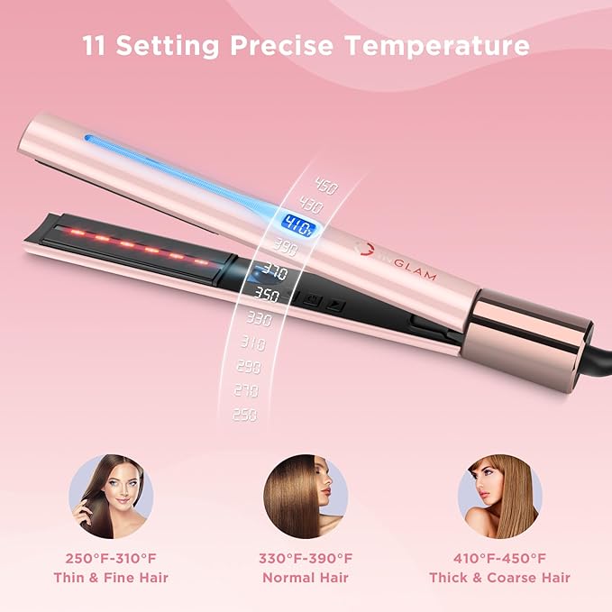 IG INGLAM Titanium Flat Iron Hair Straightener, Infrared Curling Iron 1 Inch, Negative Ionic Dual Voltage Straightener 11 Adjust Temp 250°F to 450°F, Shiny Hair 110-240V, Gift, Pink