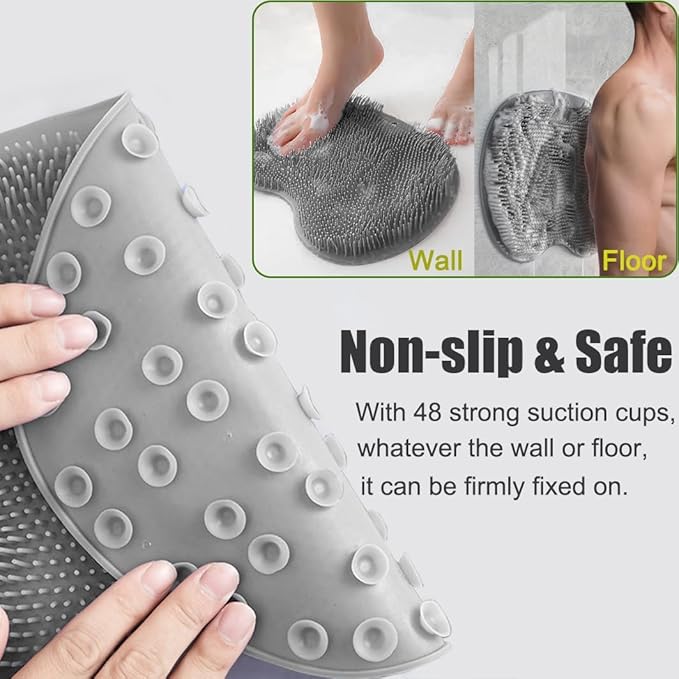 2 PCS Shower Foot & Back Scrubber Brush, Hands Free Wall Mounted Back Massager Mat with Non-Slip Suction Cups Deep Cleaning Foot Brush Exfoliating Silicone Massage Cleaner (Green&Grey)