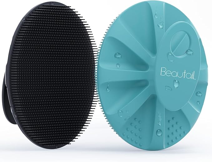 Silicone Body Scrubber 2 Pack, BEAUTAIL Shower Bath Wash Brush, Gentle Exfoliating Scrub Cleansing Loofah for Women Men Baby Sensitive Skin, Easy to Clean, Lather Nicely, More Hygienic, Black+Cyan