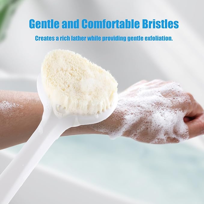 VANZAVANZU Back Scrubber for Shower, Bath Brush with 17-Inch Long Anti-Slip Handle, Wet and Dry Brushing Body Brush for Body Cleansing, Back Brush for Men and Women (White)