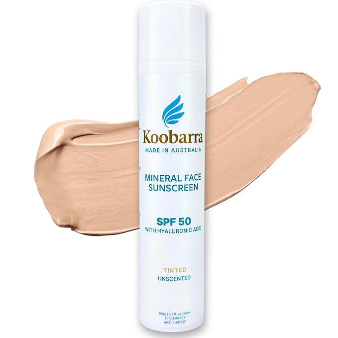 Mineral Face Sunscreen SPF 50, Tinted Aussie Zinc Oxide Sunblock with Hydrating Hyaluronic Acid, Reef Safe, Natural, Vegan, Australian Made, 80min Water Resistant, Unscented, 100g 3.4oz