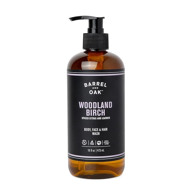 Barrel & Oak All-in-One Wash for Face, Hair, & Body, Vegan & Hydrating Face, Shampoo and Body Wash for Men, Grooming Kit Gifts for Men, Woodland Birch, 16 oz