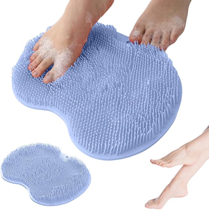 Shower Foot Scrubber Mat with Non-Slip Suction Cups, Non Slip Bathtub and Shower Mat with Suction Cups and Drain Holes, Foot Back Cleaning Pad Back Washer Exfoliating Bath Wash Pad (Blue)