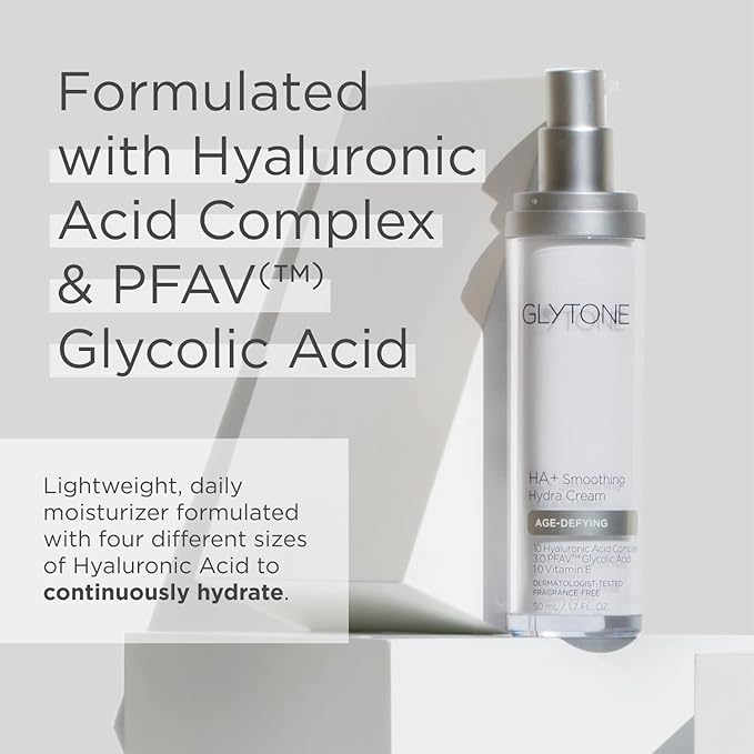 Glytone Age-Defying HA+ Smoothing Hydra Cream | Anti Aging Face Moisturizer for Fine Lines & Wrinkles | Firms & Hydrates with 10 Hyaluronic Acid, 3.0 PFAV™ Glycolic Acid & 1.0 Vitamin E | 1.7 fl oz