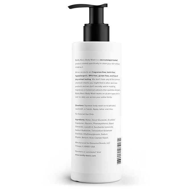 Boldly Basic Fragrance Free Body Wash - Gentle Bodywash on Sensitive Skin - Unscented Shower Gel - Dermatologist Tested - No Sulfates, Parabens or Gluten - Non Comedogenic and Hypoallergenic