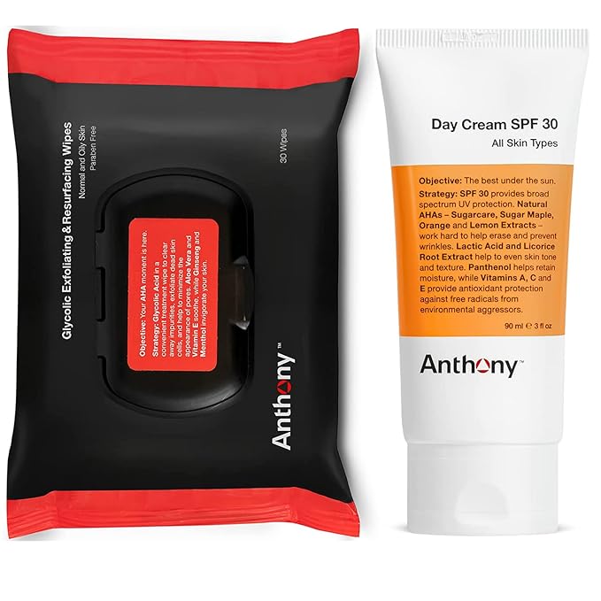 Anthony Day Cream SPF 30 Men’s Face Moisturizer with Sunscreen 3 Fl Oz Glycolic Exfoliating & Resurfacing Wipes 30 Sheets per Bag