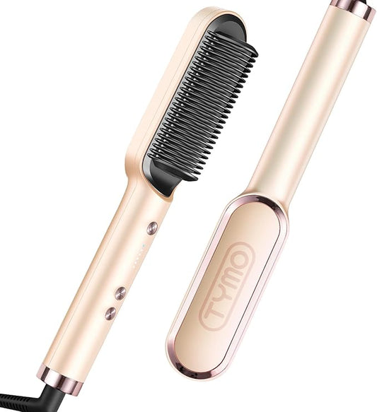 TYMO Ring Hair Straightener Brush – Hair Straightening Iron with Built-in Comb, 20s Fast Heating & 5 Temp Settings & Anti-Scald, Perfect for Professional Salon at Home, Peach