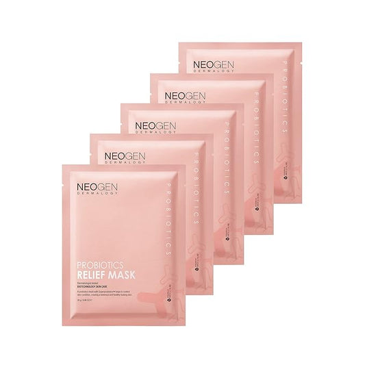 DERMALOGY by NEOGENLAB Probiotics Relief Mask, Pack of 5 (0.88 oz / 25g) - Hydrating & Firming Facial Sheet Mask with Probiotics Lactobacillus & Bifida & Collagen - Korean Skin Care