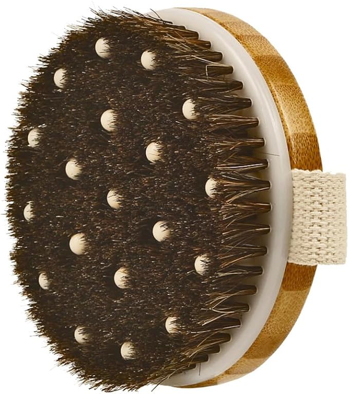 4.3” Round Bamboo Dry/Wet Body Brush Scrubber with Natural Bristles, Bath Shower Brush for Cellulite, Exfoliating and Detox, etc. (Brown Horsehair with Soft Nodes)