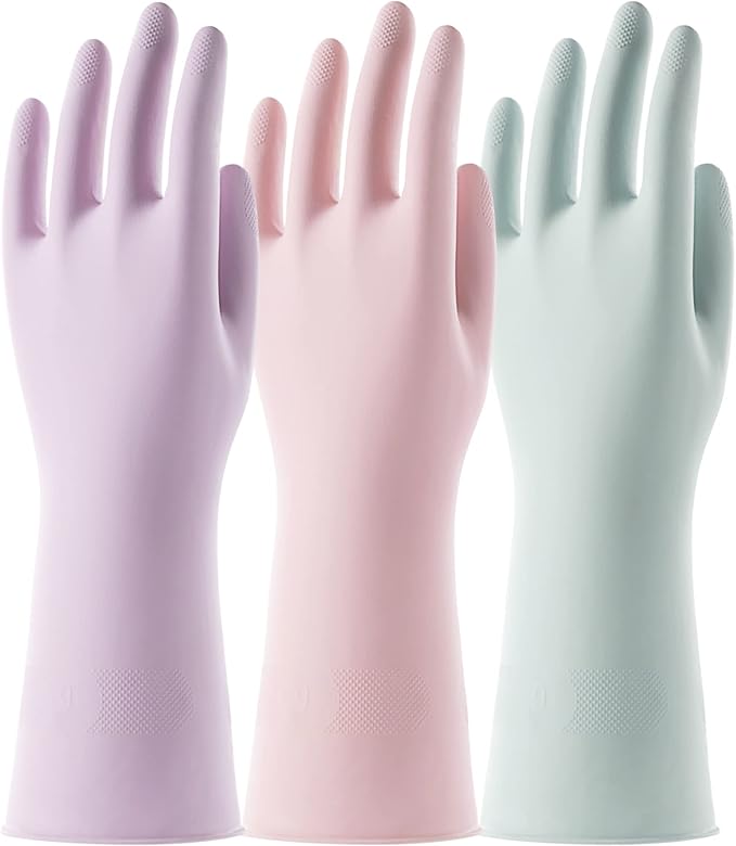 COOLJOB 3 Pairs Colorful Household Gloves with Cotton Liner & Non-slip Grip, Water Resistant Reusable Dish Washing Rubber Gloves for Kitchen & Bathroom Cleaning, Medium