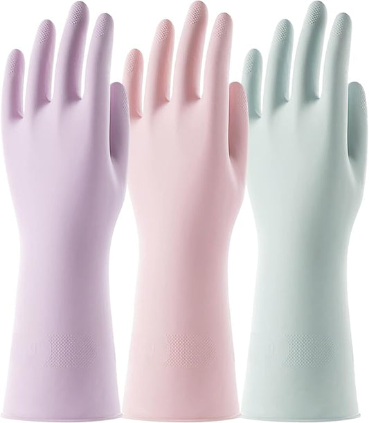 COOLJOB 3 Pairs Colorful Household Gloves with Cotton Liner & Non-slip Grip, Water Resistant Reusable Dish Washing Rubber Gloves for Kitchen & Bathroom Cleaning, Small