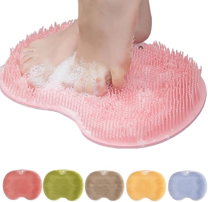 Silicone Shower Foot Scrubber Mat, Upgraded Wall Mounted Slip Suction Cups Foot Scrubber Cleaner, Upgrade Foot Back Cleaning Pad Back Washer Back Exfoliating Bath Wash Pad (Pink)