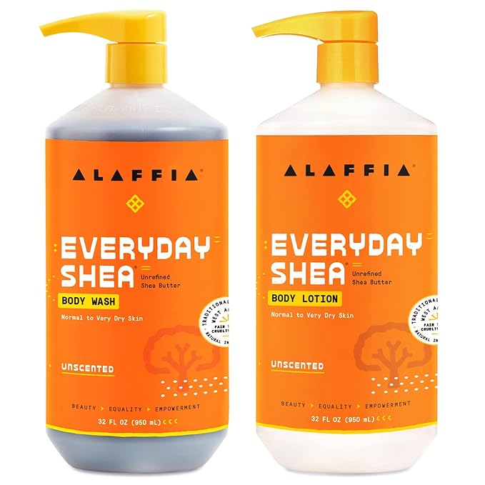 Alaffia EveryDay Shea Body Lotion and Body Wash Bundle - Moisturizes and Cleanses Soft and Supple Skin with Shea Butter, Lemongrass, Neem and Coconut Oil, Unscented, 32 Fl Oz Each