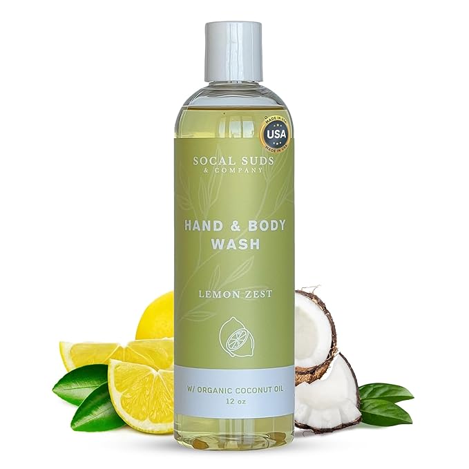 SoCal Suds & Company - 12oz Organic Soap Liquid, Gentle Hand & Body Wash, Organic Body Wash for Men and Women, Made w/Organic Oils & Coconut Oil, Bath Essentials for All Skin Types - Lemon Zest