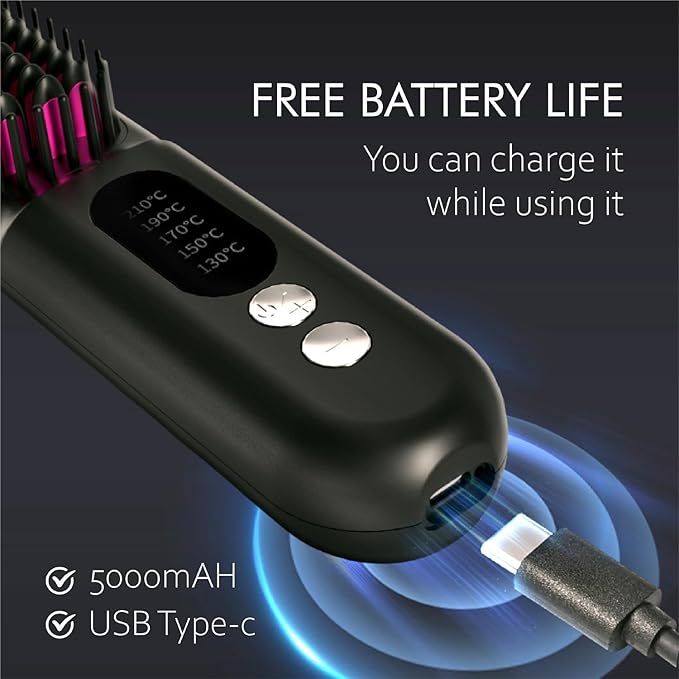 Mindrain Mini Cordless Hair Straightener Brush Pro A+, Portable Straightening Brush for Travel, Ionic Hot Comb Straightener, USB Rechargeable, It can be Used While Charging, Gifts for Women. (Black)