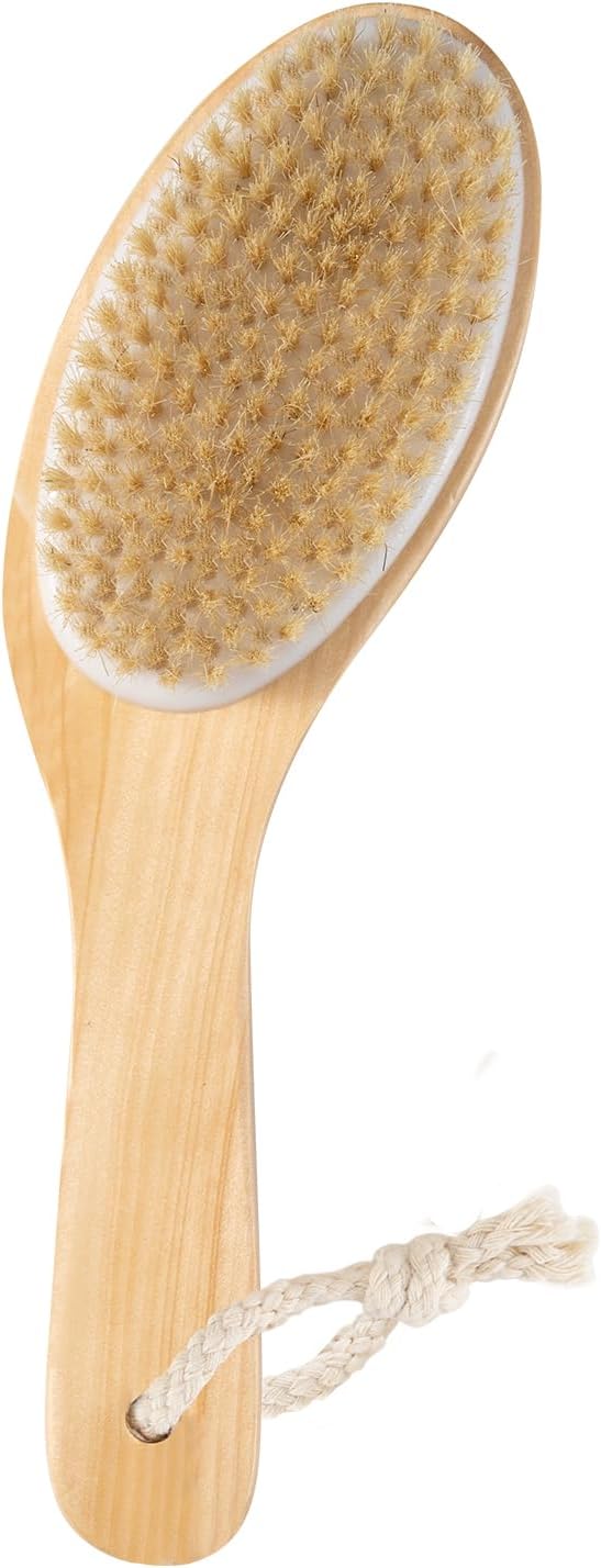 Bamboo Curved Long Handle Dry Brushes, Dry Body Brush for Dry Skin, Blood Circulation, Cellulite Treatment，Wet and Dry Brush Suitable for All Kinds of Skin with Soft and Stiff Bristles