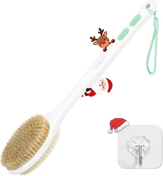 Back Scrubber for Shower with Long Handle, Exfoliating Bath Brush for Body - Double Sided Bristles (Stiff & Soft), Anti-Slip Grip, Lightweight - Gift for Seniors, Includes Lanyard & Hook,Green