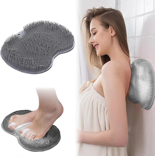 1 Pcs Shower Back & Foot Scrubber, Wall Mounted Back Scrubber Silicone Bath Massage Cushion Brush with Suction Cups, Bathroom Wash Mat Exfoliating Dead Skin Brush (L-Grey)