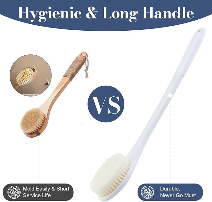 Back Scrubber for Shower, Shower Body Brush for Cleaning with Long Handle for Showering, 17 Inch Back Washer Exfoliator for Shower Men Women with Non-Slip Handle, Adhesive Hook (White)