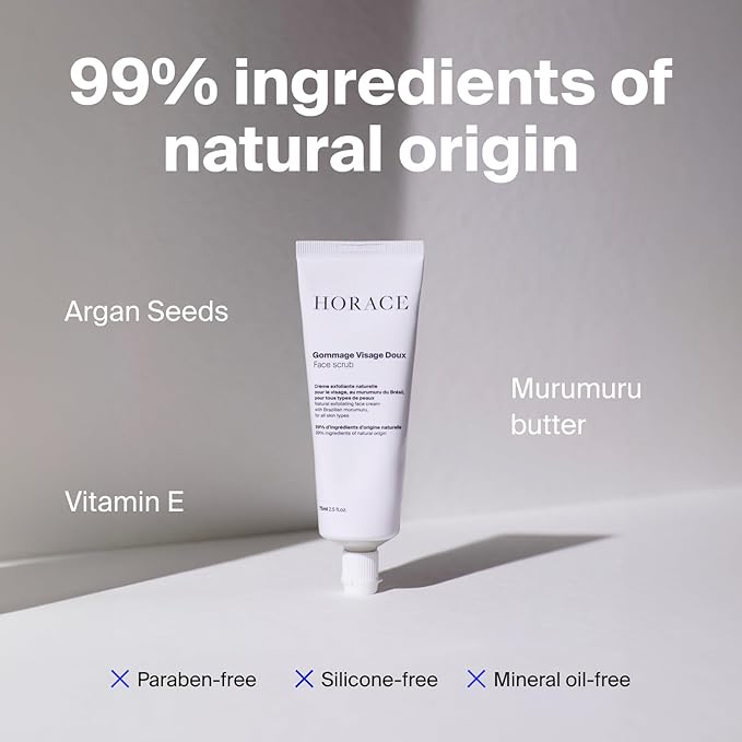 HORACE Gentle Face Scrub for Men - Exfoliating Cream with Argan Seeds, Murumuru Butter and Vitamin E - Pore Unclogging Skincare for All Skin Types - Unscented, 2.5 fl.oz