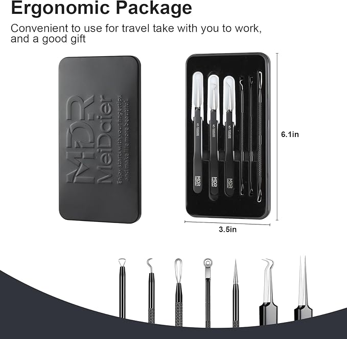 7PCS Blackhead Remover Comedone Extrator Kit, Pimple Extractor Acne Removal Tool Kit, Curved Blackhead Tweezers Kit, Comes with Alcohol Tablets and Magnifying Glasses for Blemish Removal (Iron Box)