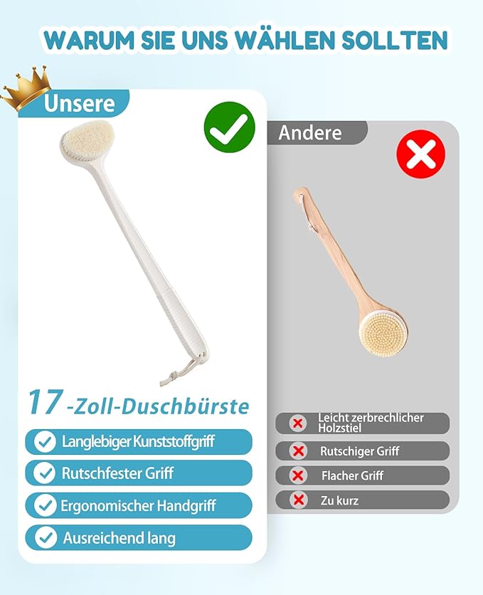 Back Scrubber for Shower with 17" Long Handle, Non-Slip Grip Shower Brush, Moderate Bristles Body Brush for Gentle Exfoliation, Back Brush for Shower Men & Women – Cream White