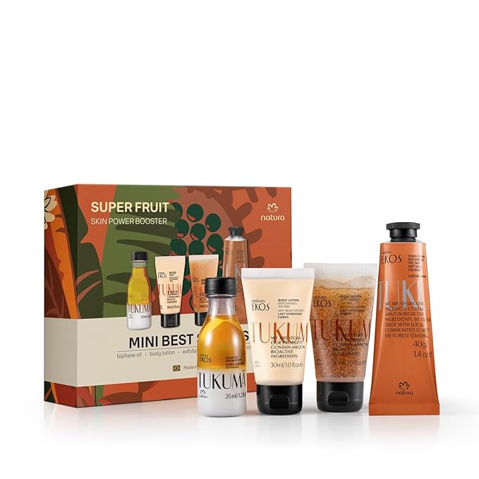 natura – Tukumã Hyaluronic Acid Boosting Brazilian Set (4 Travel Size Products) - Exfoliating Shower Gel, Biphase Shower Oil, Body Lotion and Hand Cream- Anti-Aging - Vegan Skin Care