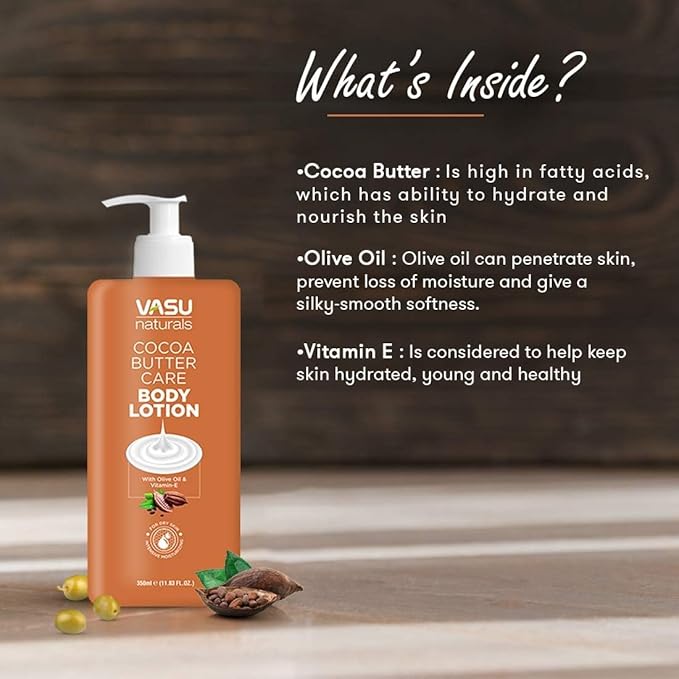 Vasu Naturals Cocoa Butter Body Lotion for Dry Skin - 24-Hour Hydration with Olive Oil & Vitamin E, Non-Greasy, Fast-Absorbing Moisturizer - Pack of 2-11.83 fl oz each