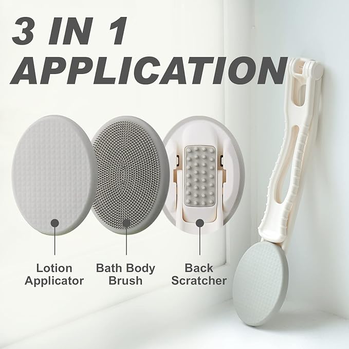 Lotion Applicator for Back - 3in1 Foldable, Cream, Sunscreen, Ointment Applicator, 19" Long Handle, Body Massage Tool - 1 Body Brush Pad, 1 Lotion Pad Included