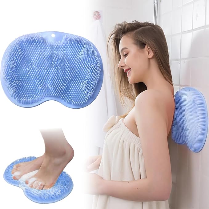 1 Pcs Shower Back & Foot Scrubber,Wall Mounted Back Scrubber Silicone Bath Massage Cushion Brush with Suction Cups,Bathroom Wash Foot Mat Exfoliating Dead Skin Foot Brush (L-Blue)