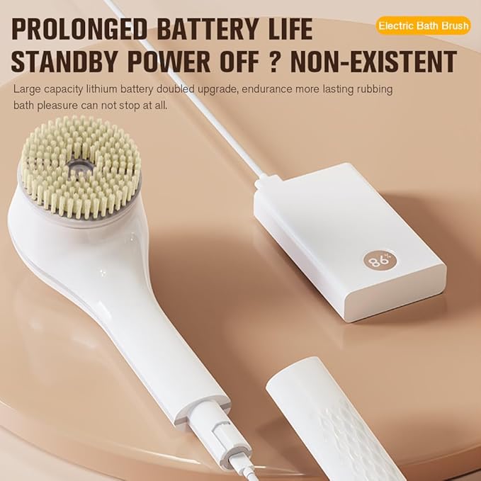 Generic Electric Body Brush Set for Showering,Exfoliating Bath Brush Long Handle for Shower Lotion Applicator for Back Silicone Body Scrubber with 6 Shower Brush Heads for Women Men Gifts (White)