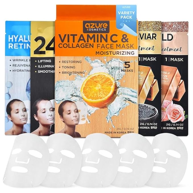 Azure Cosmetics 24K Gold, Caviar, Vitamin C, Hyaluronic Acid, Retinol & Collagen Anti-Aging Face Mask - Ultimate Variety Pack of 20 - Dermatologist Tested - Hydrating & Firming - Korean Skin Care