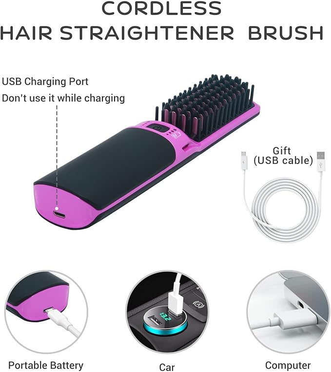 Hot Hair Straightener Brush,Portable Mini Hair Straightener USB Rechargeable 6400MAH,2 in 1 Hair Straightener Comb with Anti-Scald Feature for Women & Men（Purple）