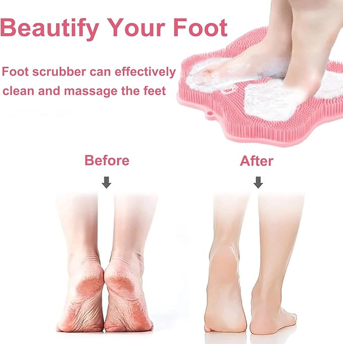 Shower Foot Scrubber, Shower Foot and Back Scrubber with Suction Cups, Shower Silicone Foot Washer for Exfoliating Massage（Pink）