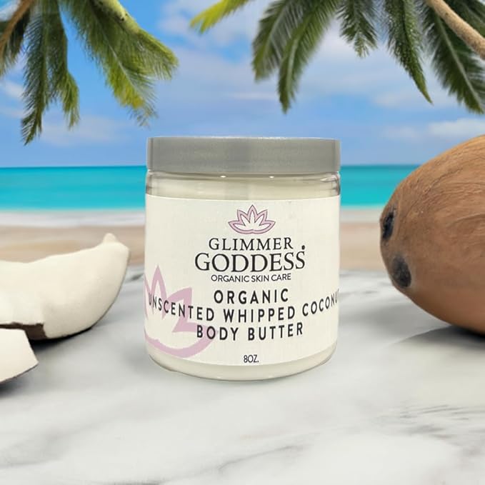 GLIMMER GODDESS Organic Vegan Whipped Coconut Oil & Vitamin E Body Butter - UNSCENTED, Moisturizing, Anti-aging, Skin Repairing, 8 oz.