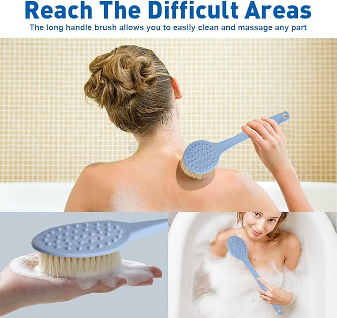 Back Scrubber for Shower with Handle, 2 PCS Bath Brush Stiff Bristles, Anti Slip, Body Exfoliator for Bath, Backbrush for Shower Men & Women