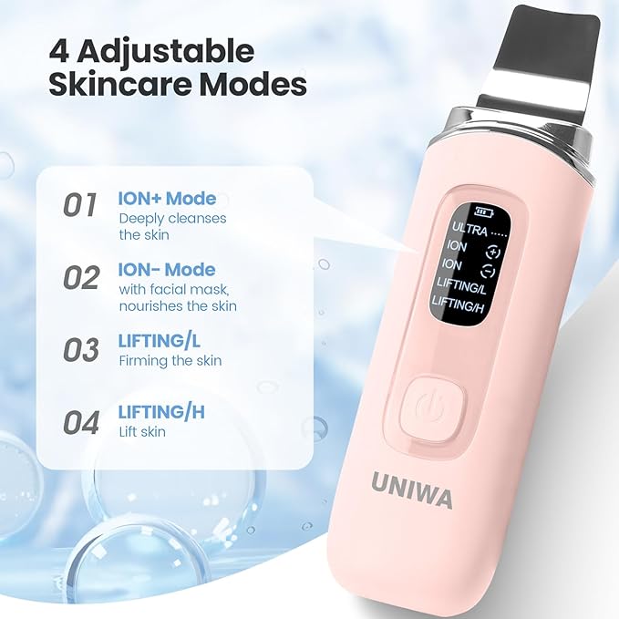 UNIWA Skin Scrubber Face Spatula, Skin Scrubber Pore Cleaner Blackhead Remover Tool for Deep Facial Cleansing - 4 Modes, Face Spatula with USB Charger, LCD Display, IPX7 Waterproof -Pink